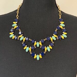J.Crew Statement Necklace Blue Yellow Mint Stones‎ Gold Tone Bib Collar 20"